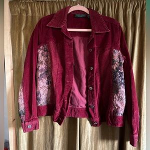 red corduroy jacket w floral upholstery style detailing